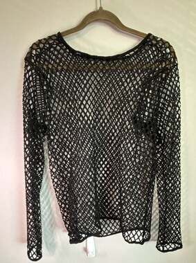 Black Long Sleeve Fishnet Mesh Pullover Top
